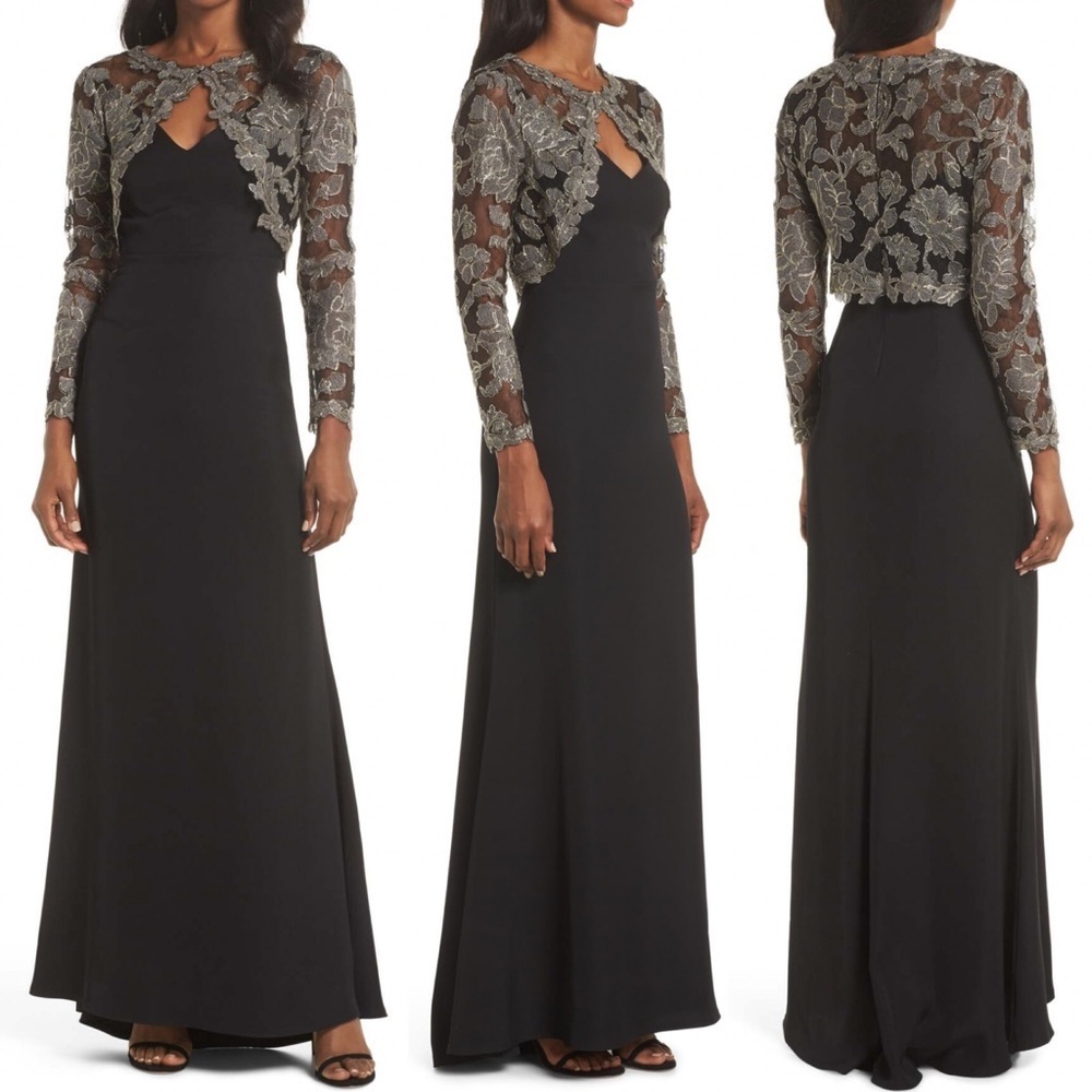 Tadashi Shoji Crepe & Embroidered Lace Gown Dress 6